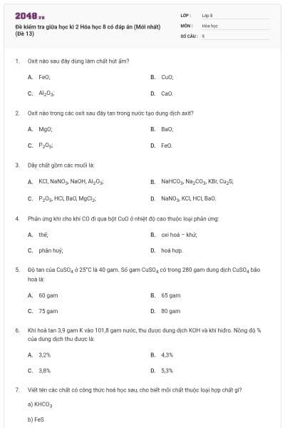 Đề kiểm tra giữa học kì 2 Hóa học 8 có đáp án (Mới nhất) (Đề 13)