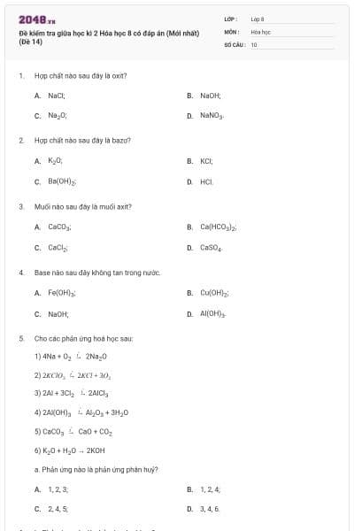 Đề kiểm tra giữa học kì 2 Hóa học 8 có đáp án (Mới nhất) (Đề 14)