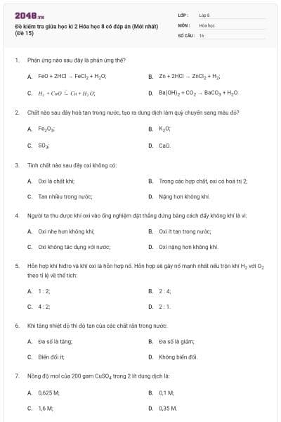 Đề kiểm tra giữa học kì 2 Hóa học 8 có đáp án (Mới nhất) (Đề 15)