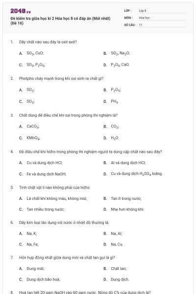 Đề kiểm tra giữa học kì 2 Hóa học 8 có đáp án (Mới nhất) (Đề 16)