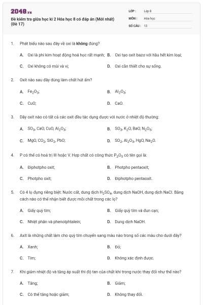 Đề kiểm tra giữa học kì 2 Hóa học 8 có đáp án (Mới nhất) (Đề 17)