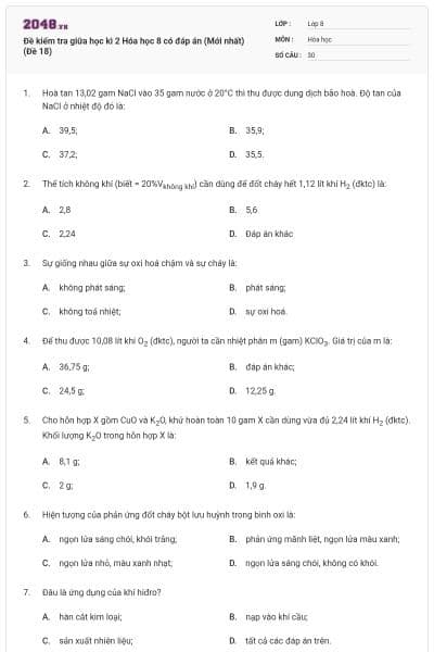 Đề kiểm tra giữa học kì 2 Hóa học 8 có đáp án (Mới nhất) (Đề 18)