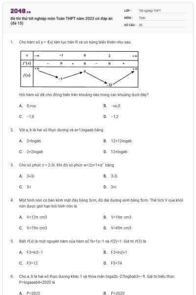 Đề thi thử tốt nghiệp môn Toán THPT năm 2022 có đáp án (đề 15)