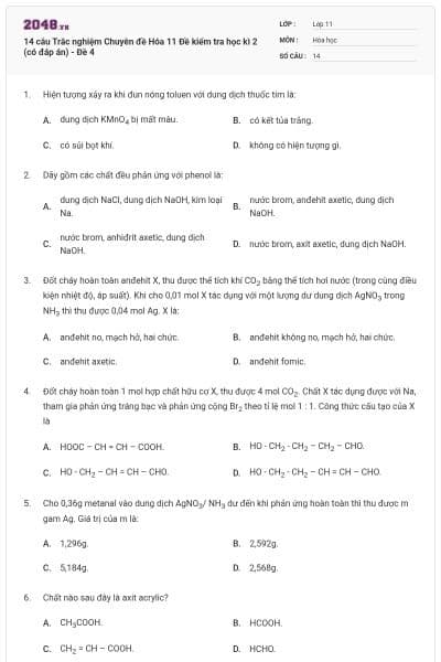 14 câu Trắc nghiệm Chuyên đề Hóa 11 Đề kiểm tra học kì 2 (có đáp án) - Đề 4