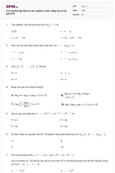 215 câu Bài tập Hàm số mũ, logarit cơ bản, nâng cao có lời giải (P2)