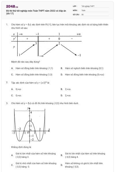 Đề thi thử tốt nghiệp môn Toán THPT năm 2022 có đáp án (đề 17)