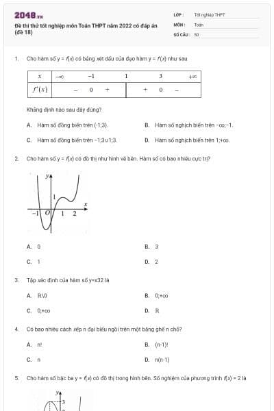 Đề thi thử tốt nghiệp môn Toán THPT năm 2022 có đáp án (đề 18)