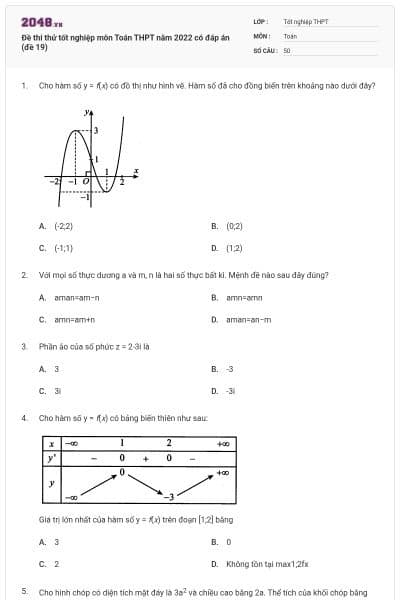 Đề thi thử tốt nghiệp môn Toán THPT năm 2022 có đáp án (đề 19)