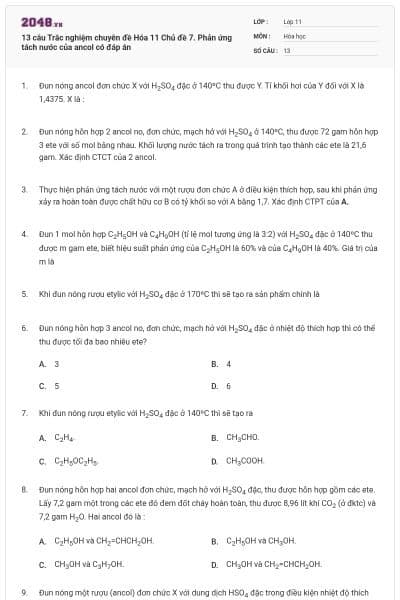 13 câu Trắc nghiệm chuyên đề Hóa 11 Chủ đề 7. Phản ứng tách nước của ancol có đáp án