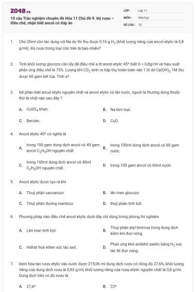 10 câu Trắc nghiệm chuyên đề Hóa 11 Chủ đề 9. Độ rượu – điều chế, nhận biết ancol có đáp án