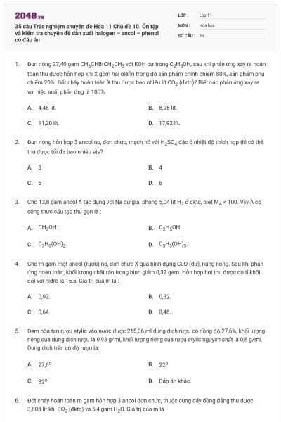 35 câu Trắc nghiệm chuyên đề Hóa 11 Chủ đề 10. Ôn tập và kiểm tra chuyên đề dẫn xuất halogen – ancol – phenol có đáp án
