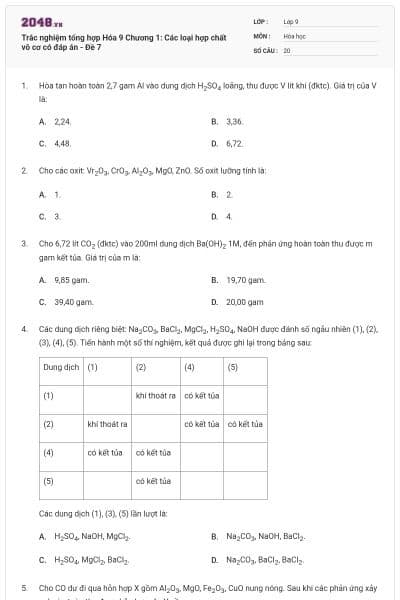 Trắc nghiệm tổng hợp Hóa 9 Chương 1: Các loại hợp chất vô cơ có đáp án - Đề 7