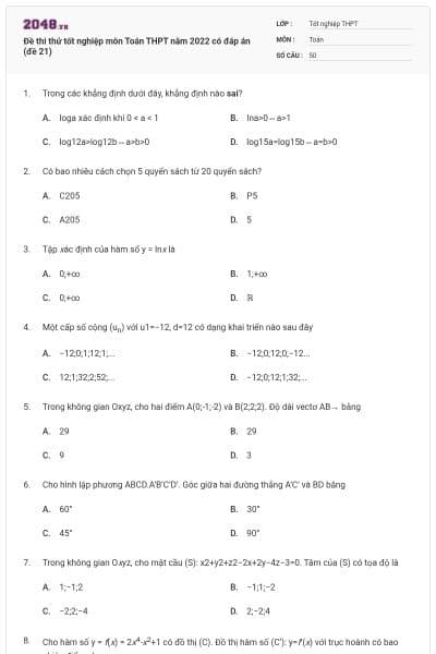 Đề thi thử tốt nghiệp môn Toán THPT năm 2022 có đáp án (đề 21)