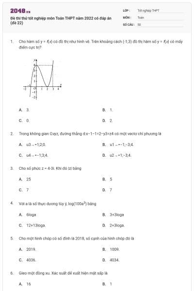 Đề thi thử tốt nghiệp môn Toán THPT năm 2022 có đáp án (đề 22)