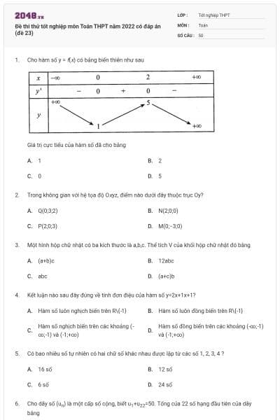 Đề thi thử tốt nghiệp môn Toán THPT năm 2022 có đáp án (đề 23)