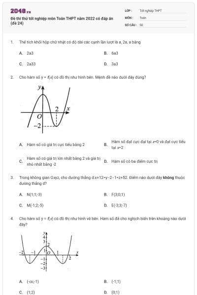 Đề thi thử tốt nghiệp môn Toán THPT năm 2022 có đáp án (đề 24)