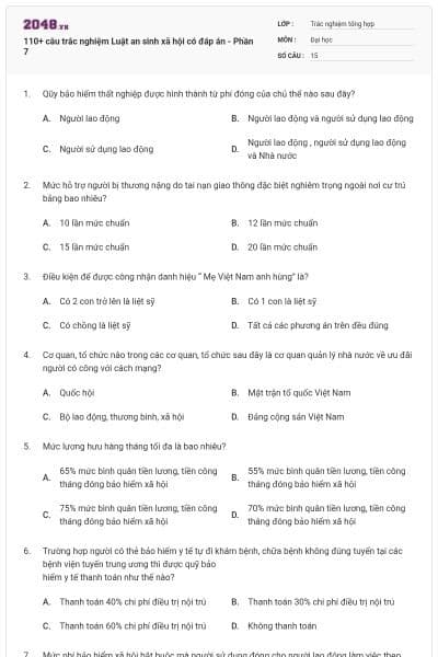 110+ câu trắc nghiệm Luật an sinh xã hội có đáp án - Phần 7