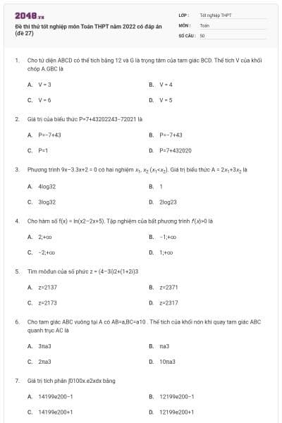 Đề thi thử tốt nghiệp môn Toán THPT năm 2022 có đáp án (đề 27)