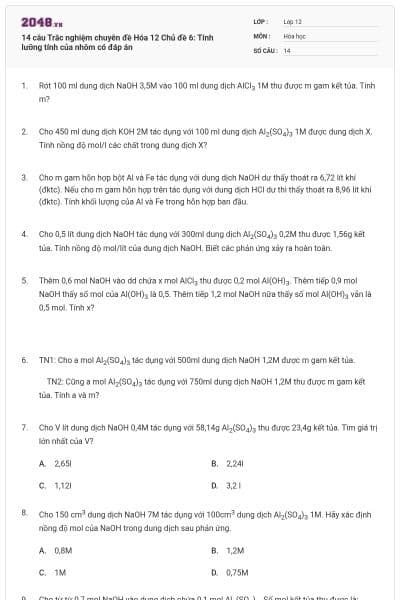 14 câu Trắc nghiệm chuyên đề Hóa 12 Chủ đề 6: Tính lưỡng tính của nhôm có đáp án