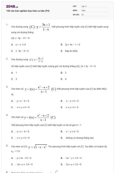 100 câu trắc nghiệm Đạo hàm cơ bản (P4)