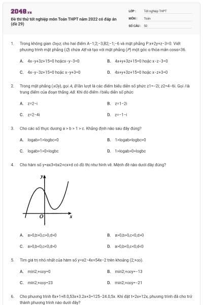 Đề thi thử tốt nghiệp môn Toán THPT năm 2022 có đáp án (đề 29)