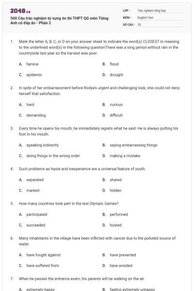 500 Câu trắc nghiệm từ vựng ôn thi THPT QG môn Tiếng Anh có đáp án - Phần 2