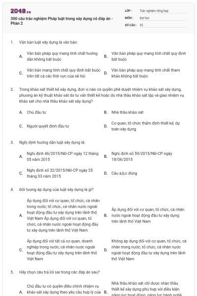 300 câu trắc nghiệm Pháp luật trong xây dựng có đáp án - Phần 2