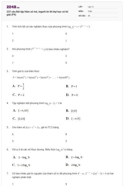 237 câu Bài tập Hàm số mũ, logarit ôn thi Đại học có lời giải (P4)