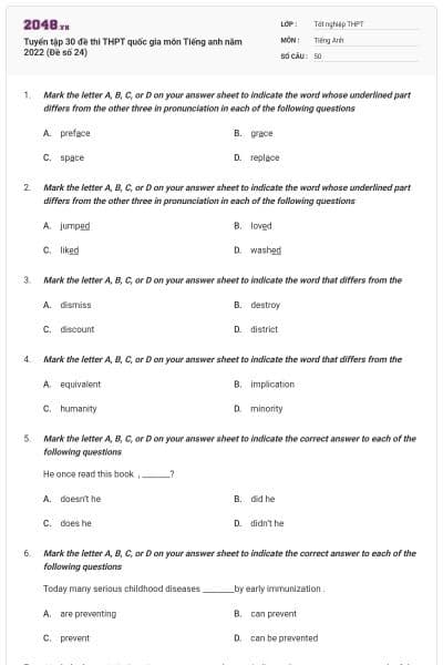 Tuyển tập 30 đề thi THPT quốc gia môn Tiếng anh năm 2022 (Đề số 24)