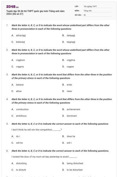 Tuyển tập 30 đề thi THPT quốc gia môn Tiếng anh năm 2022 (Đề số 27)
