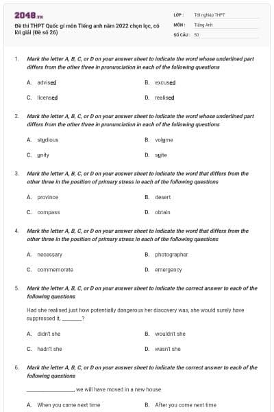 Đề thi THPT Quốc gí môn Tiếng anh năm 2022 chọn lọc, có lời giải (Đề số 26)