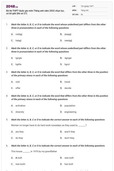Đề thi THPT Quốc gia môn Tiếng anh năm 2022 chọn lọc, có lời giải (Đề số 27)