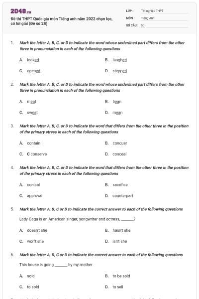 Đề thi THPT Quốc gia môn Tiếng anh năm 2022 chọn lọc, có lời giải (Đề số 28)