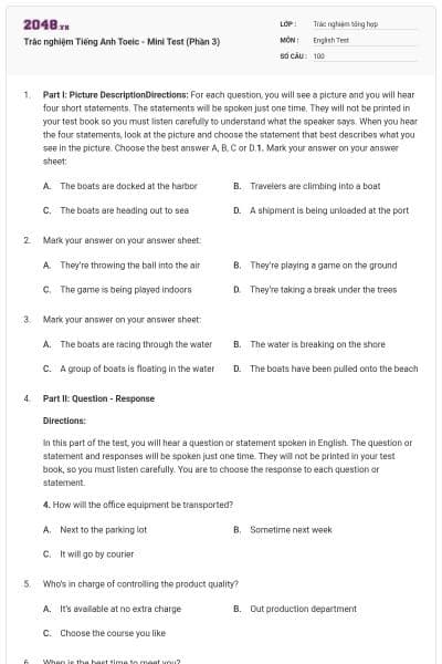 Trắc nghiệm Tiếng Anh Toeic - Mini Test (Phần 3)