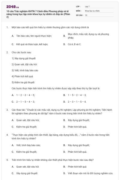 10 câu Trắc nghiệm KHTN 7 Cánh diều Phương pháp và kĩ năng trong học tập môn khoa học tự nhiên có đáp án (Phần 2)