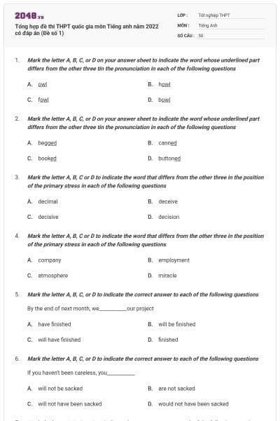 Tổng hợp đề thi THPT quốc gia môn Tiếng anh năm 2022 có đáp án (Đề số 1)