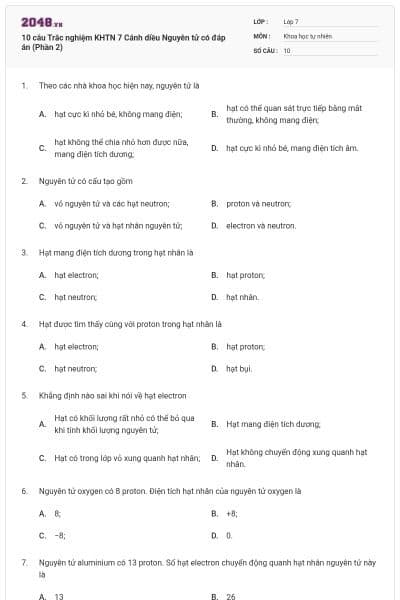 10 câu Trắc nghiệm KHTN 7 Cánh diều Nguyên tử có đáp án (Phần 2)