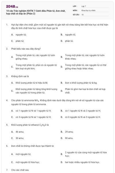 10 câu Trắc nghiệm KHTN 7 Cánh diều Phân tử, đơn chất, hợp chất có đáp án (Phần 2)