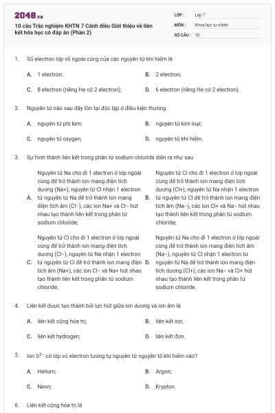 10 câu Trắc nghiệm KHTN 7 Cánh diều Giới thiệu về liên kết hóa học có đáp án (Phần 2)