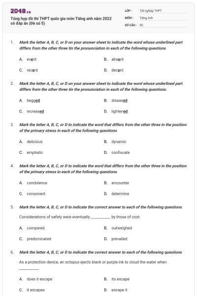 Tổng hợp đề thi THPT quốc gia môn Tiếng anh năm 2022 có đáp án (Đề số 5)