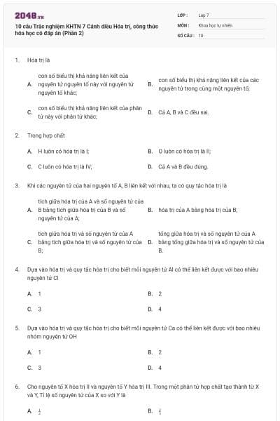 10 câu Trắc nghiệm KHTN 7 Cánh diều Hóa trị, công thức hóa học có đáp án (Phần 2)