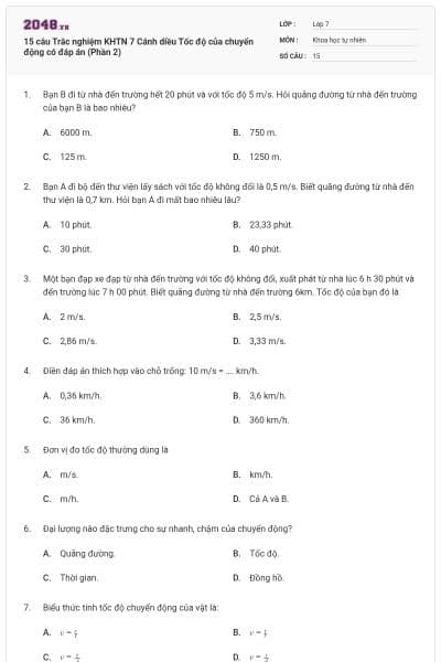 15 câu Trắc nghiệm KHTN 7 Cánh diều Tốc độ của chuyển động có đáp án (Phần 2)