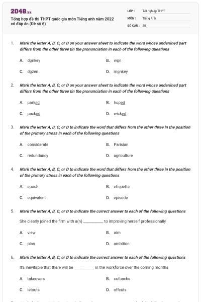 Tổng hợp đề thi THPT quốc gia môn Tiếng anh năm 2022 có đáp án (Đề số 6)