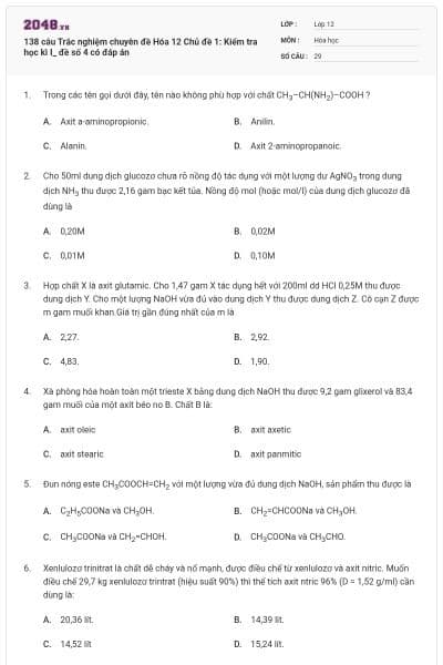 138 câu Trắc nghiệm chuyên đề Hóa 12 Chủ đề 1: Kiểm tra học kì I_ đề số 4 có đáp án