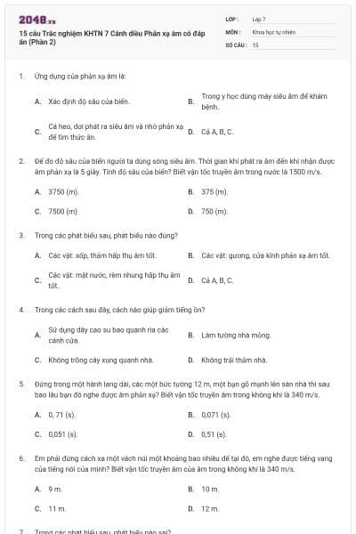 15 câu Trắc nghiệm KHTN 7 Cánh diều Phản xạ âm có đáp án (Phần 2)