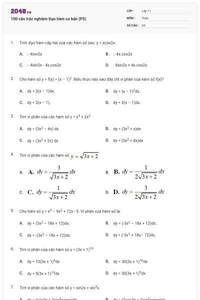100 câu trắc nghiệm Đạo hàm cơ bản (P5)