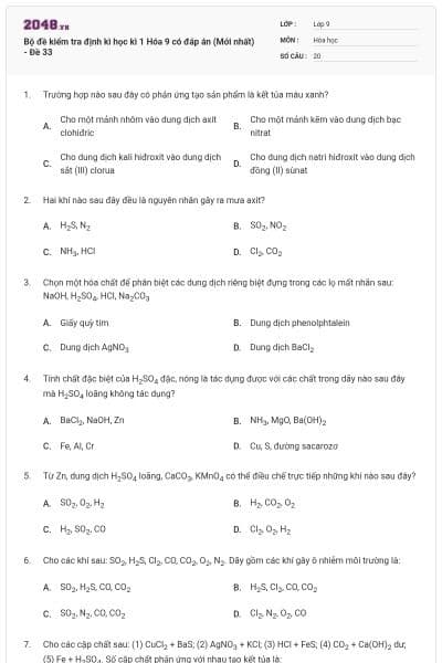 Bộ đề kiểm tra định kì học kì 1 Hóa 9 có đáp án (Mới nhất) - Đề 33
