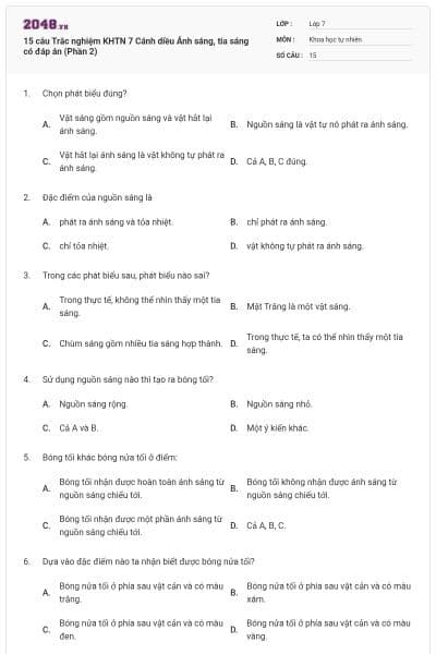 15 câu Trắc nghiệm KHTN 7 Cánh diều Ánh sáng, tia sáng có đáp án (Phần 2)