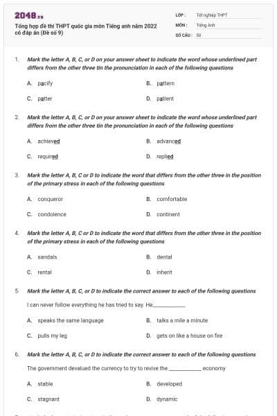 Tổng hợp đề thi THPT quốc gia môn Tiếng anh năm 2022 có đáp án (Đề số 9)