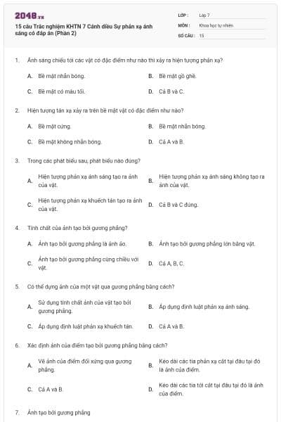15 câu Trắc nghiệm KHTN 7 Cánh diều Sự phản xạ ánh sáng có đáp án (Phần 2)